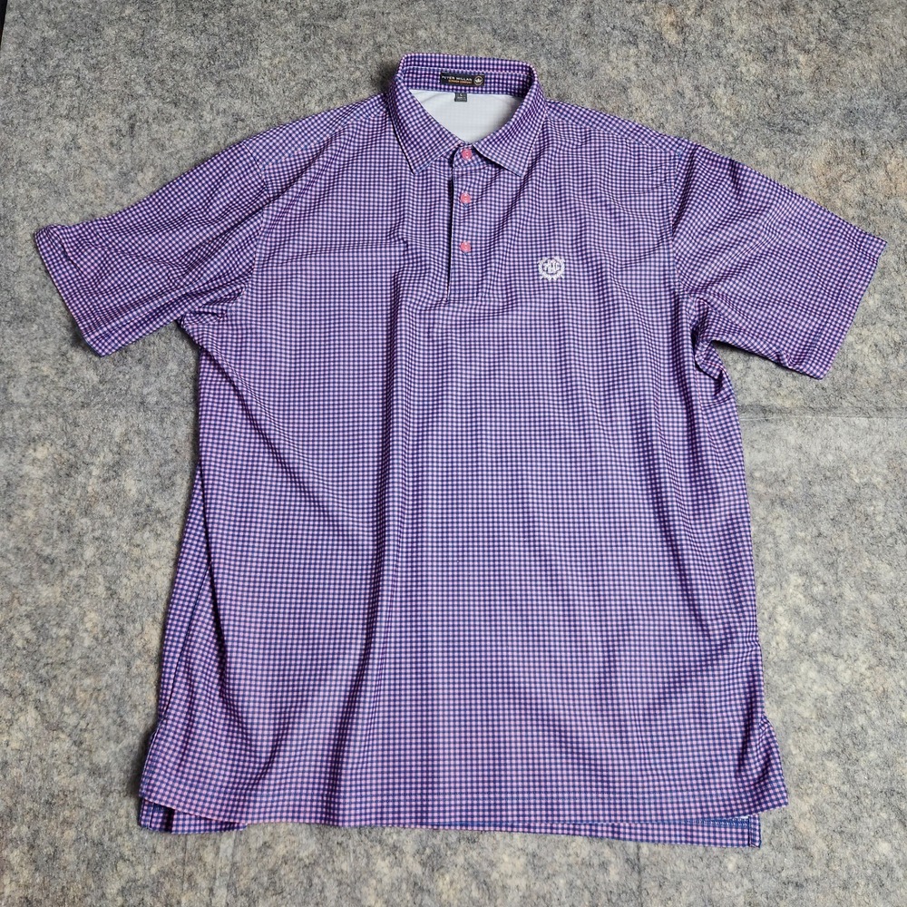 Peter Millar Summar Comfort Polo Shirt Men L Purple Blue Plaid Golf Pullover